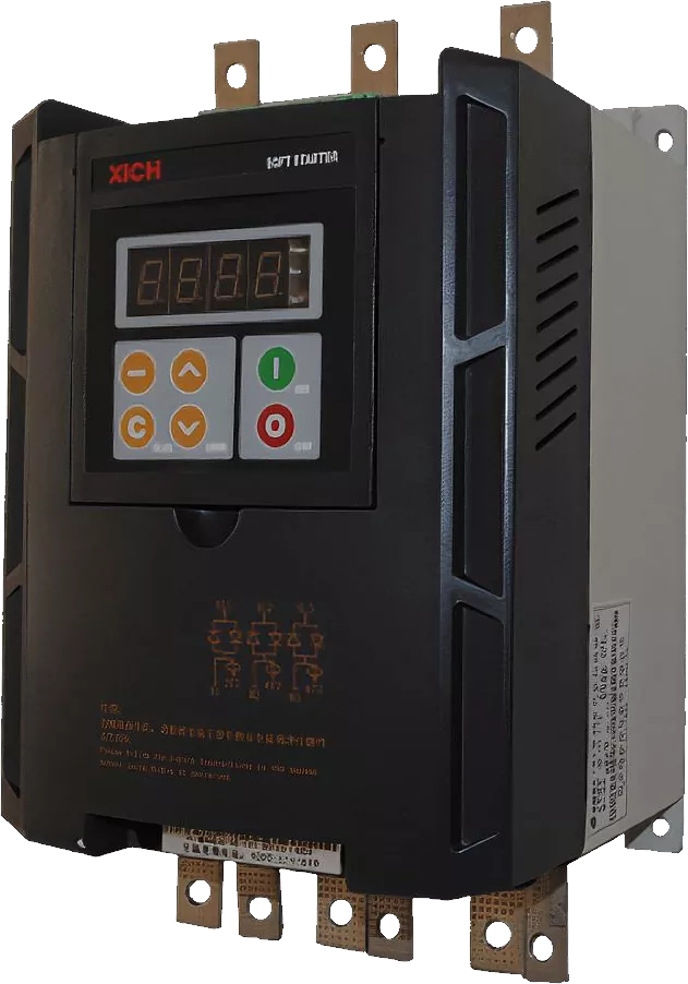 CMC-LX 3-phase soft starter 380V with 4-digit LED keypad, busbar terminals and printed wiring diagram