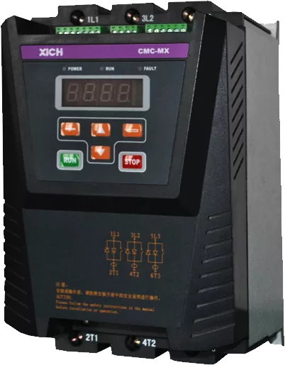 CMC-MX built-in bypass soft starter 380V 7.5 to 280 kW with 4-digit LED display, keypad and top and bottom busbar terminals