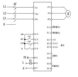 CMC-MX built-in bypass soft starter inline wiring diagram: 1L1 3L2 5L3 line terminals to three-phase supply, 2T1 4T2 6T3 to motor, RS485 and relay terminals