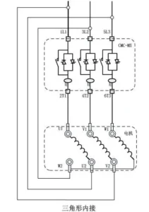 CMC-MX inside-delta six-wire soft starter connection diagram with SCR branches inserted into the motor delta winding