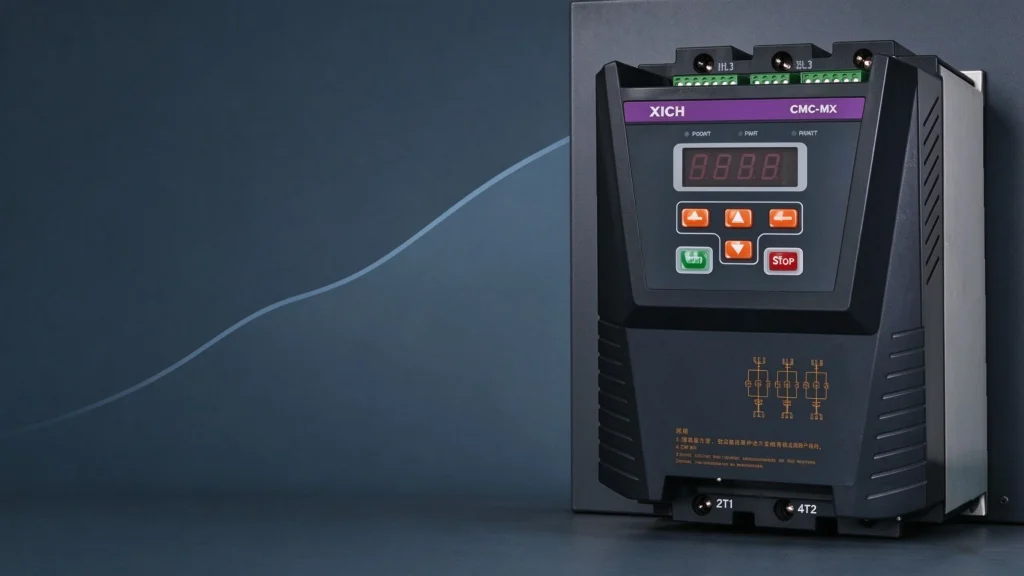 Built-in bypass soft starter functions and benefits cover, CMC-MX unit on dark industrial panel with smooth ramp line motif