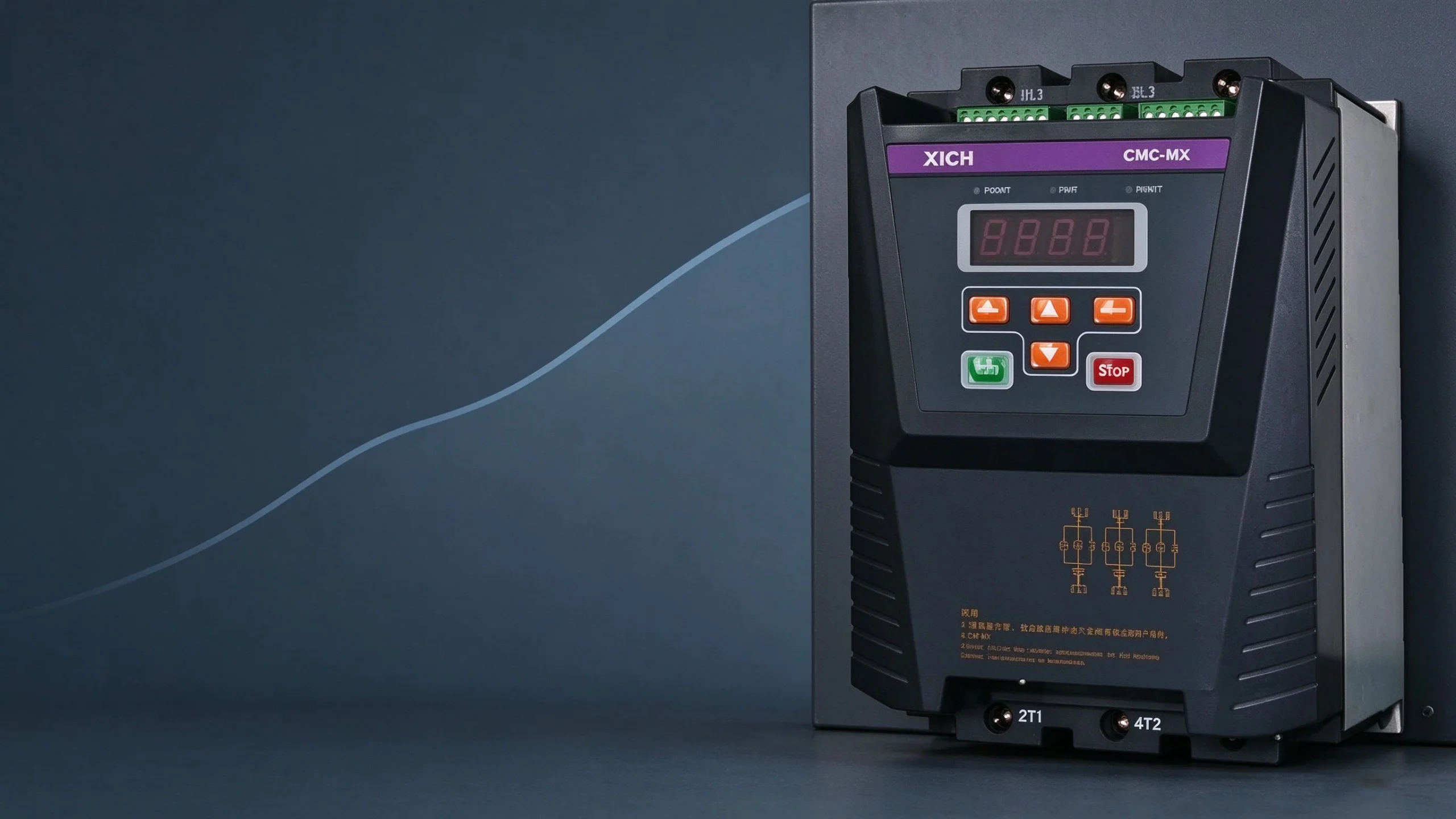Built-in bypass soft starter functions and benefits cover, CMC-MX unit on dark industrial panel with smooth ramp line motif
