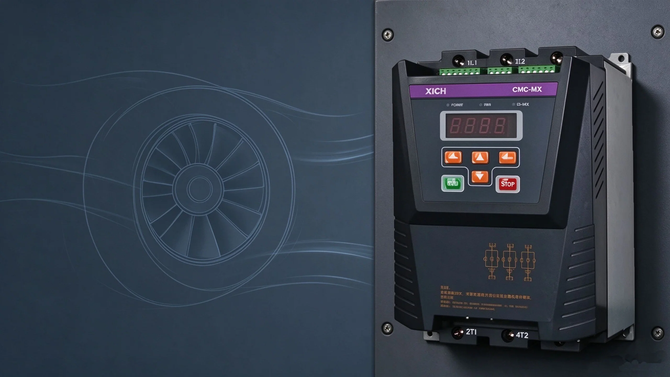 Soft starter application in fan auxiliary systems cover, CMC-MX unit with faint fan impeller and airflow line motif on dark industrial panel