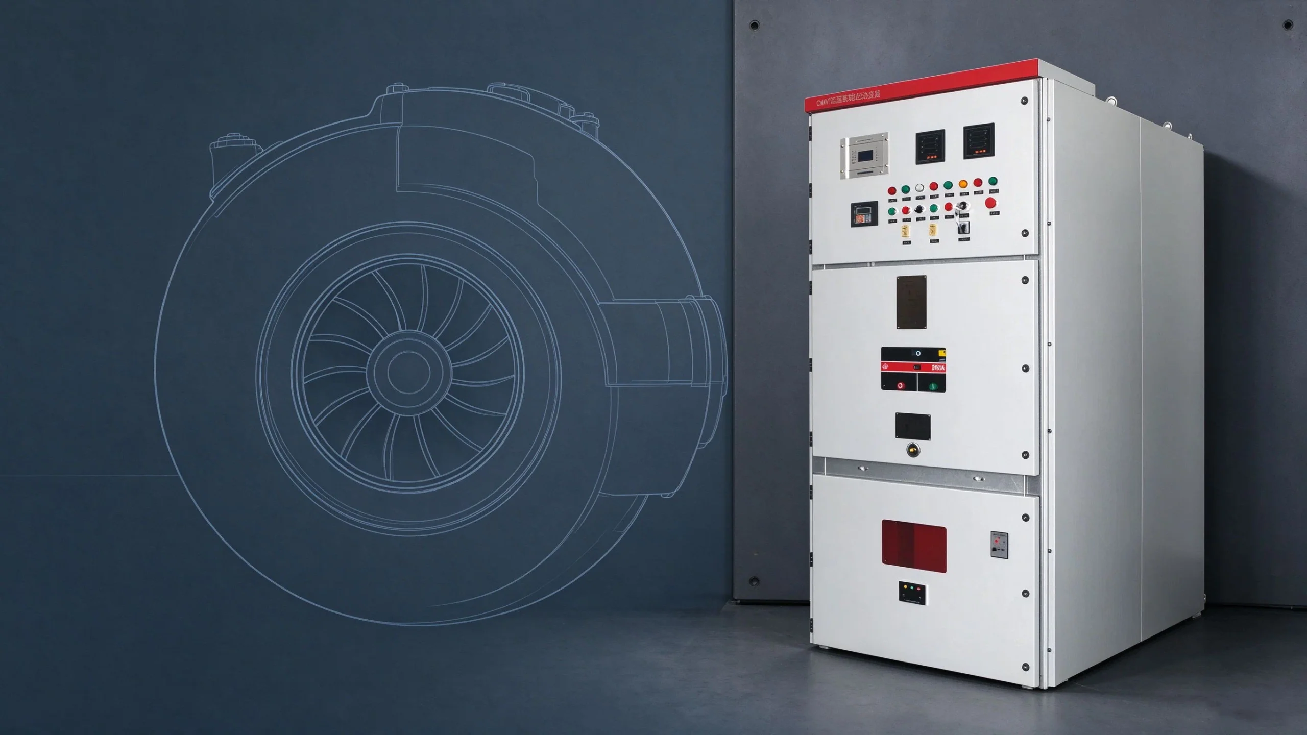 CMV 10 kV medium-voltage soft starter on a centrifugal compressor: MV drive unit beside a faint compressor impeller scroll outline on a dark industrial panel