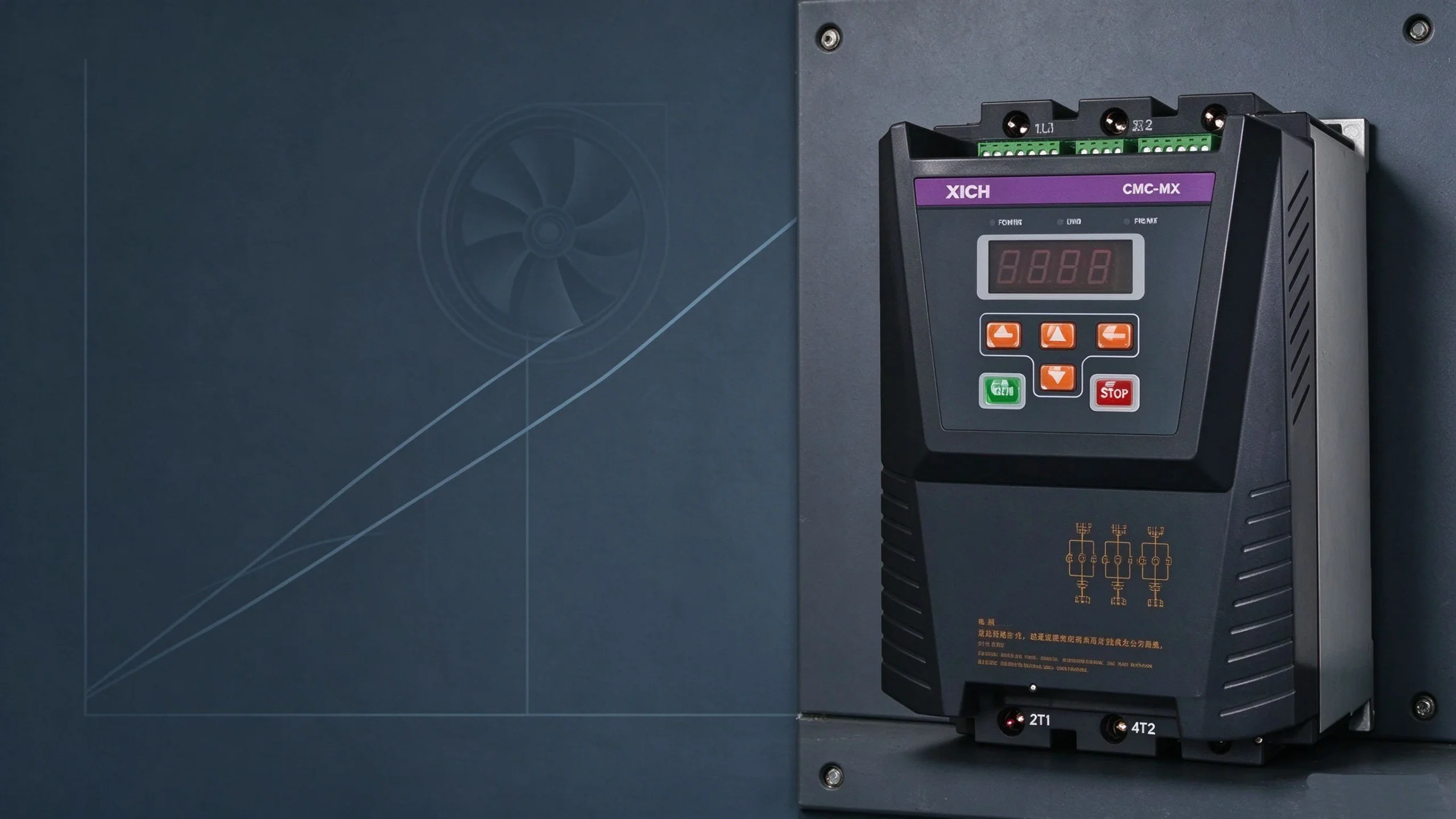 Starting a centrifugal fan with a soft starter: CMC-MX unit beside a faint smooth voltage-ramp curve and fan outline on a dark industrial panel