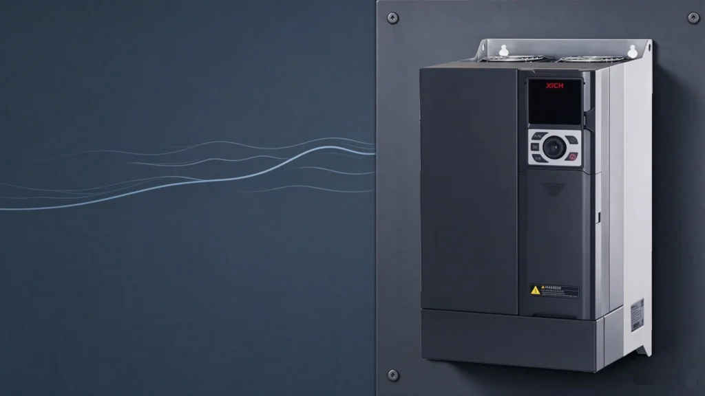 Variable-frequency constant-pressure water supply system: XFC550 VFD beside a faint steady pressure line and smooth water ripple motif on a dark industrial panel