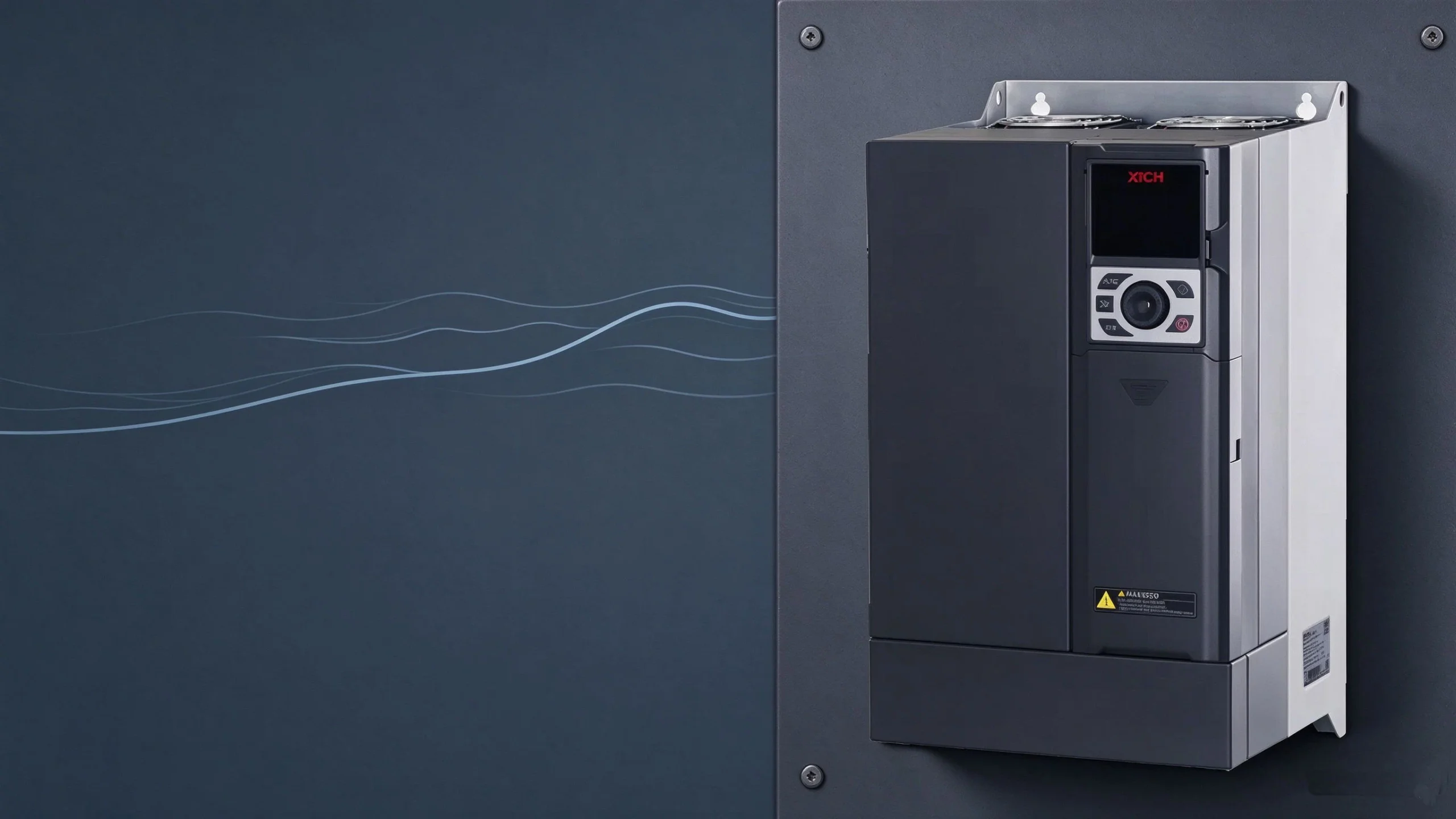 Variable-frequency constant-pressure water supply system: XFC550 VFD beside a faint steady pressure line and smooth water ripple motif on a dark industrial panel