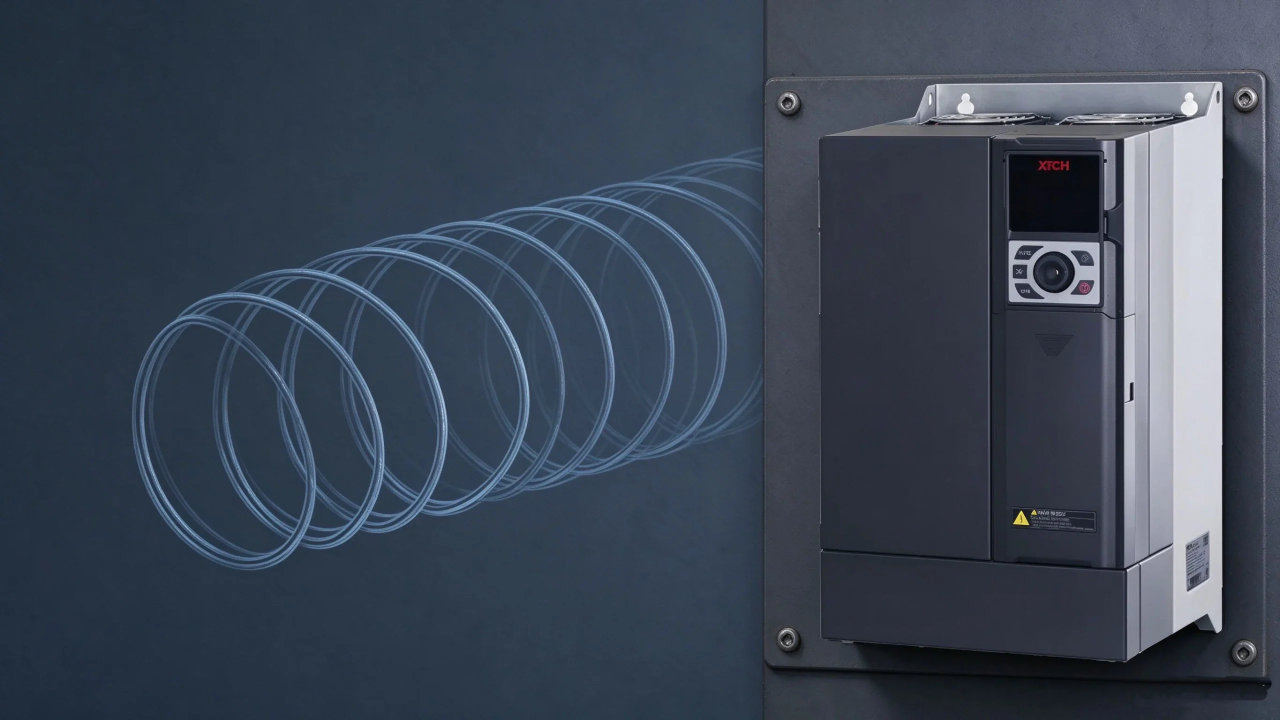 XFC500 VFD on a rebar cage winding machine: drive unit beside a faint spiral helix line motif on a dark industrial panel