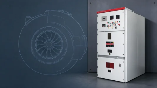 CMV 10 kV medium-voltage soft starter on a centrifugal compressor: MV drive unit beside a faint compressor impeller scroll outline on a dark industrial panel
